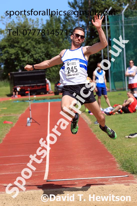 Mens long jump, 2024 NE Masters Track and Field Champs., Monkton Stadium, Jarrow.  Photo: David T. Hewitson/Sports for All Pics